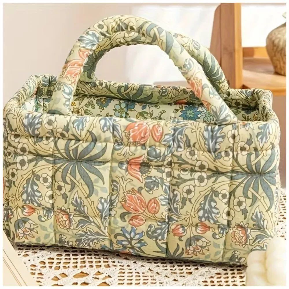 Vintage Floral Quilted Storage Basket Fabric Organizer Bin with Handles